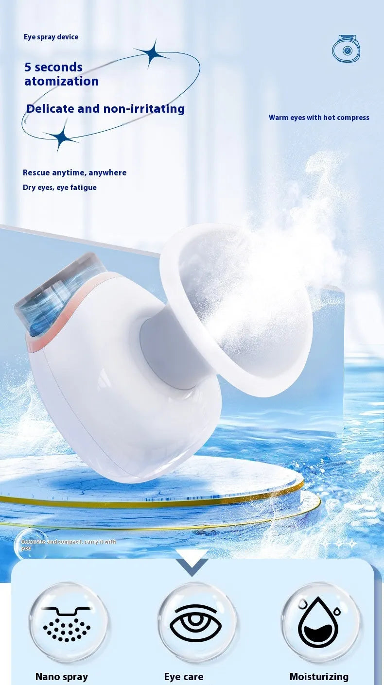 White and purple personal eye humidifier device with USB charging cable on a table.