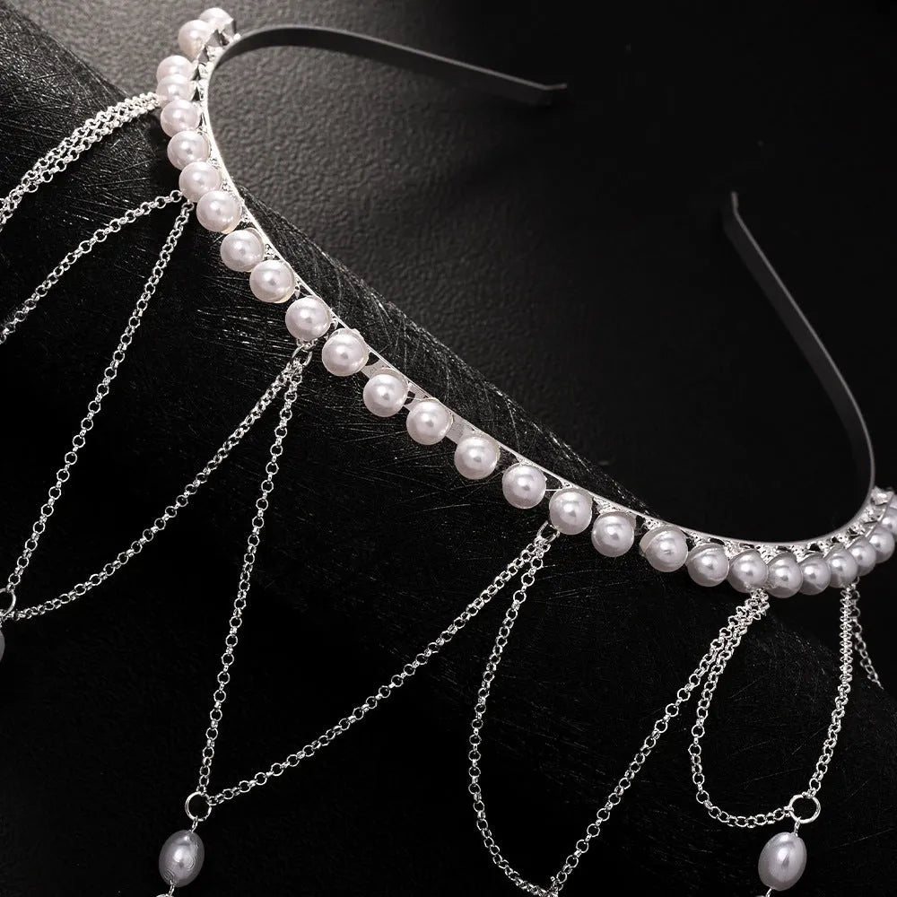 Gold electroplated mesh hair chain with pearl and tassel elements for women, adjustable length