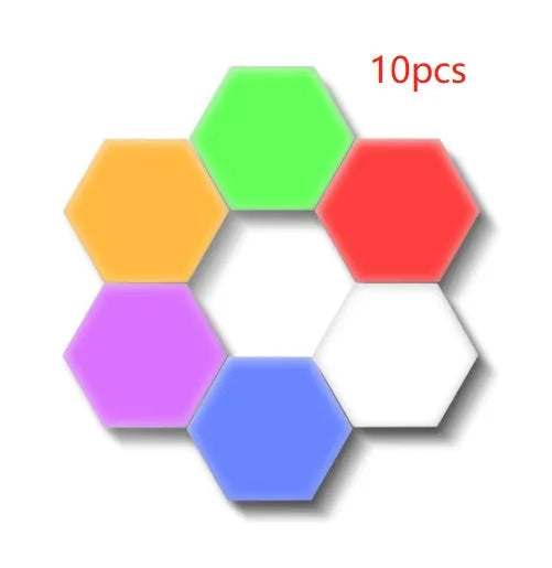 Hexagonal modular wall lamp with touch controls showing geometric arrangement on wall