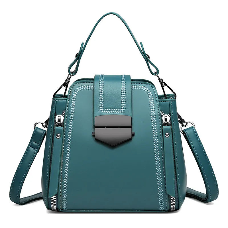 Small square handbag in soft textured PU leather with sewing thread details