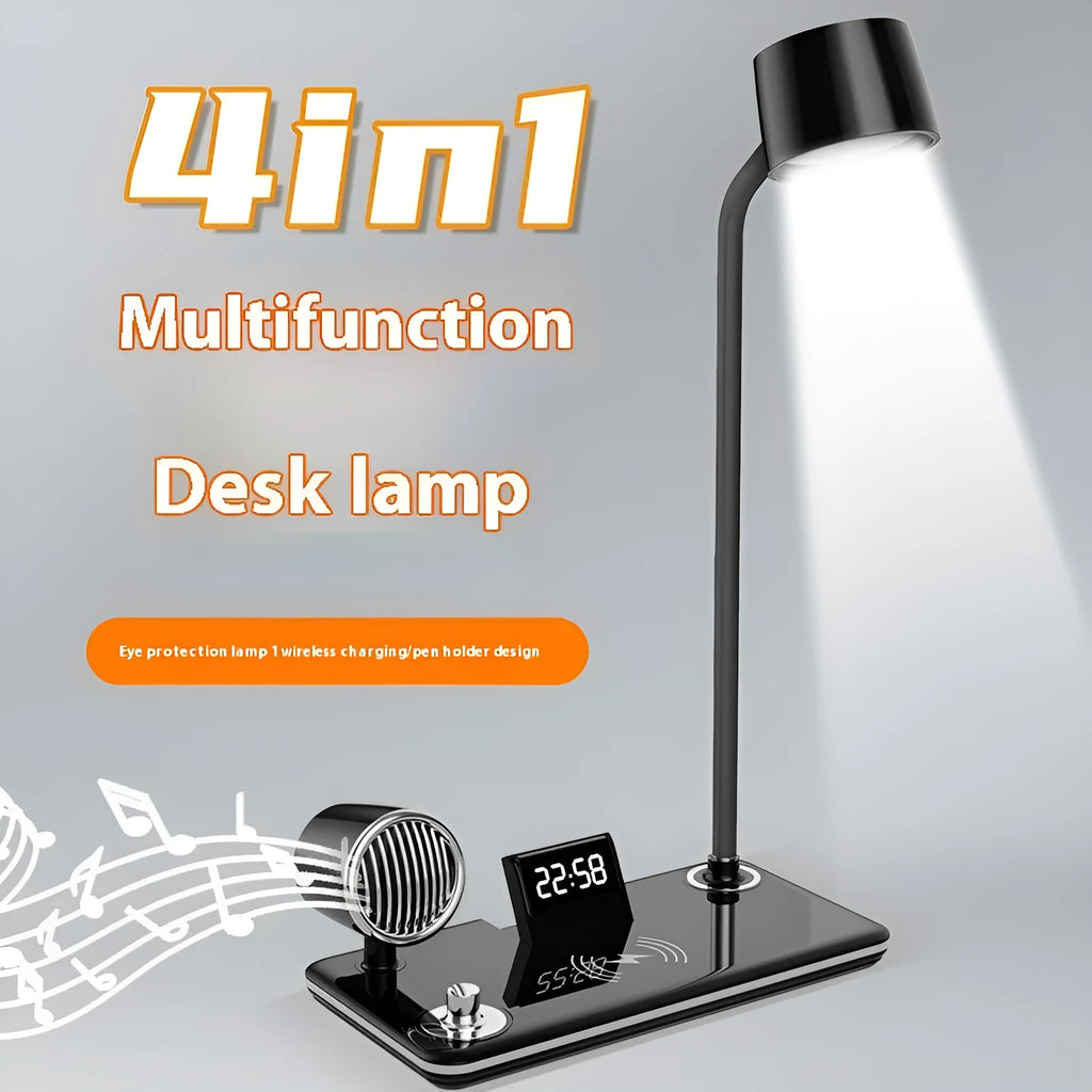 White and black intelligent table lamp with digital clock display and wireless charging pad on base.