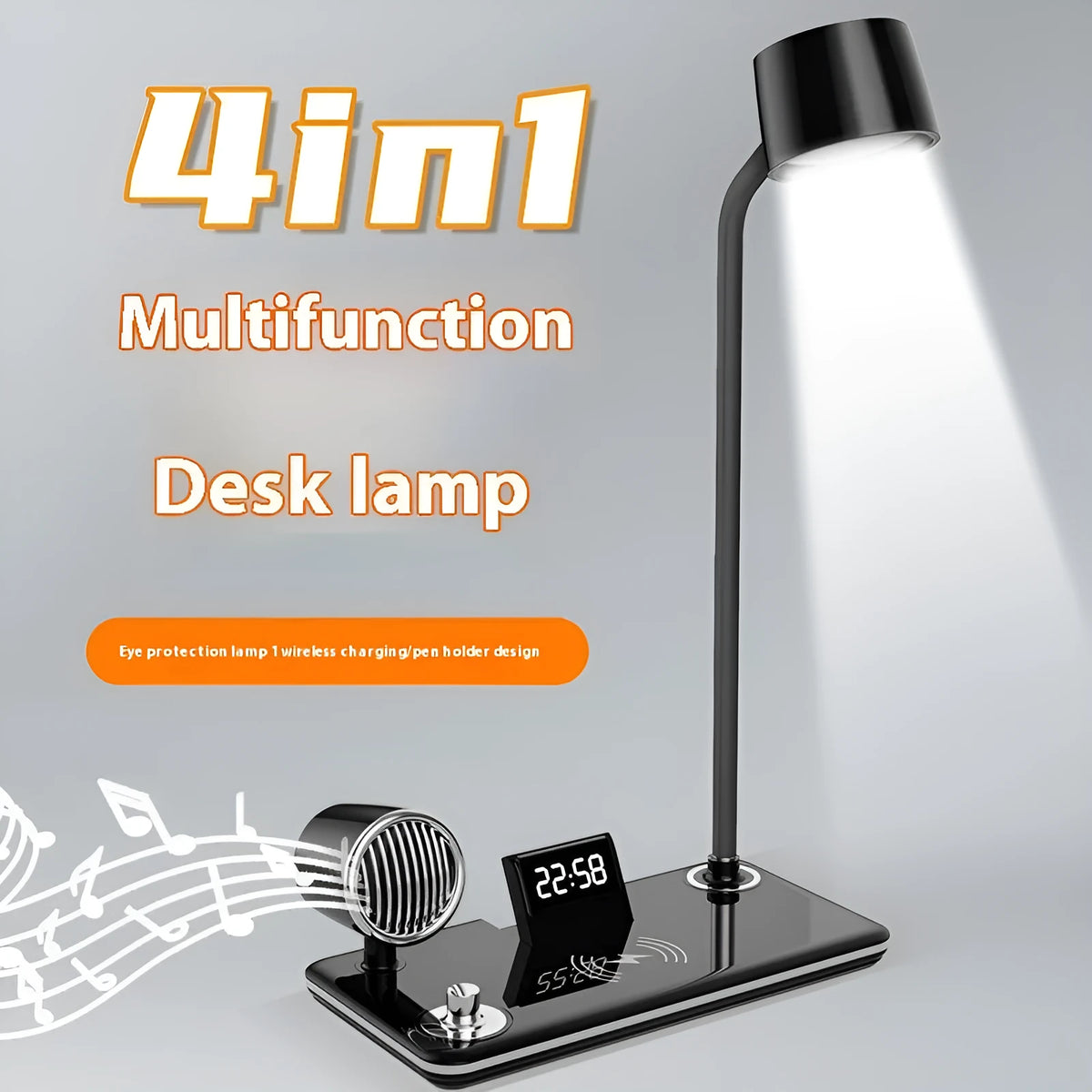 White and black intelligent table lamp with digital clock display and wireless charging pad on base.