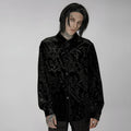 Black men's velvet shirt with gothic college styling and printed flocking decoration details