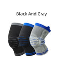 Cotton knee pad with silicone massage spring bar shock absorber in black and blue colour.