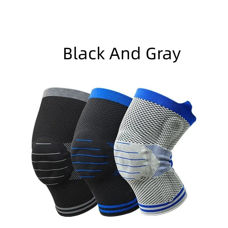 Cotton knee pad with silicone massage spring bar shock absorber in black and blue colour.
