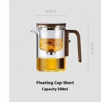 Glass teapot with wooden handle showing magnetic tea separation system and Chinese style design