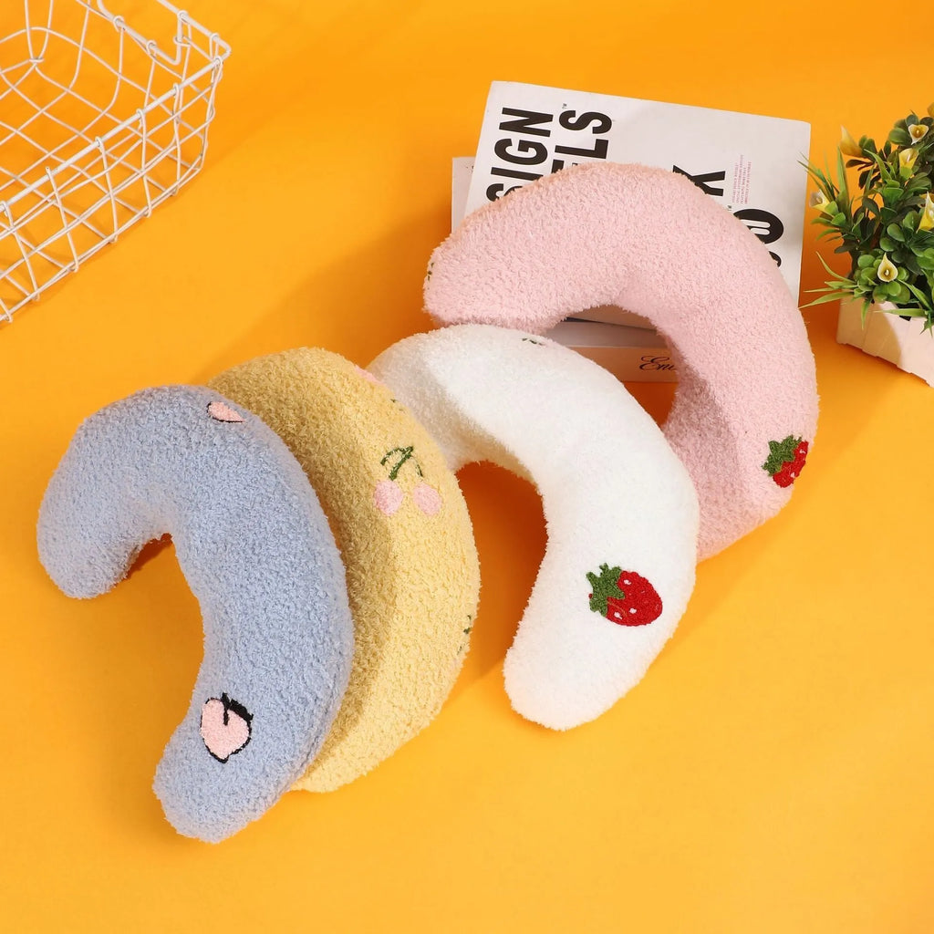Cartoon patterned U-shaped half moon pillow for pets in blue, pink, white or yellow colours