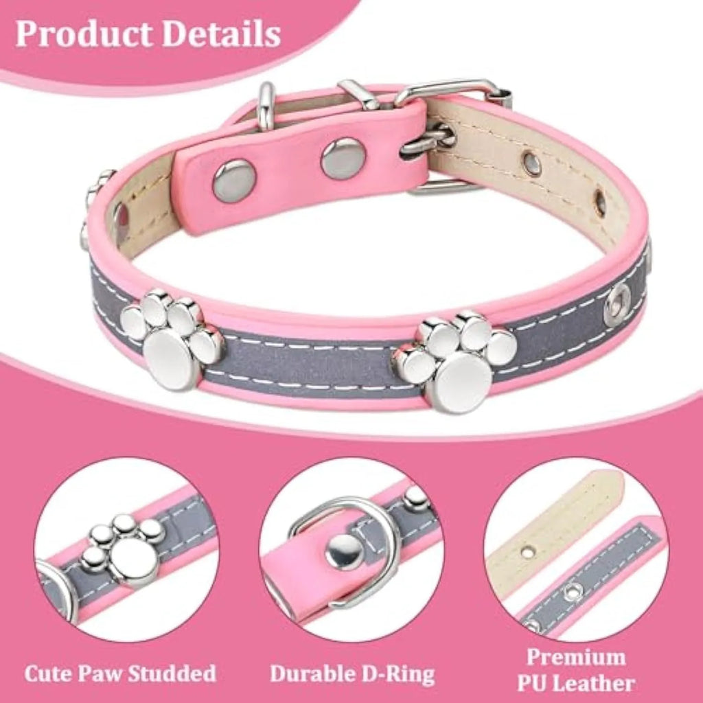 Reflective adjustable dog collar with decorative paw rivet on soft PU leather