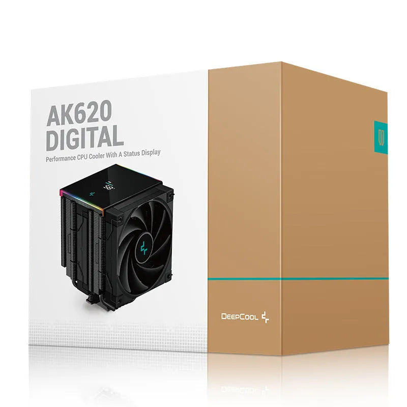 Black twin tower CPU air cooler with digital temperature display and dual fans installed on a motherboard.