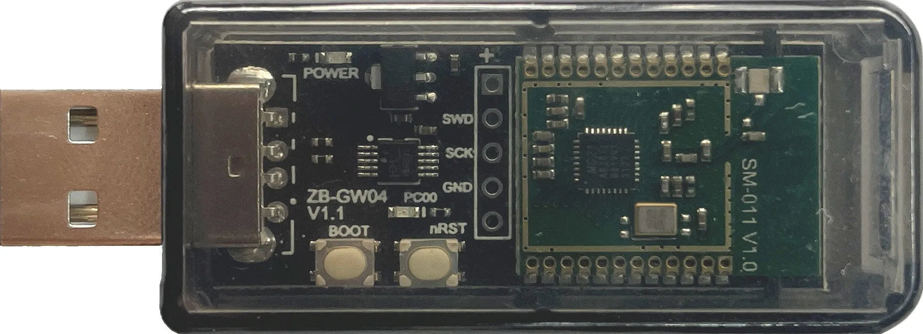 Silicon Labs EFR32MG21 Zigbee USB dongle with plastic shell, PCB antenna, and USB connector for smart home integration