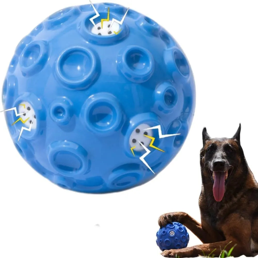 Dog toy ball in black, blue, green, orange, or yellow with squeaky sound generator and teeth-cleaning bumps