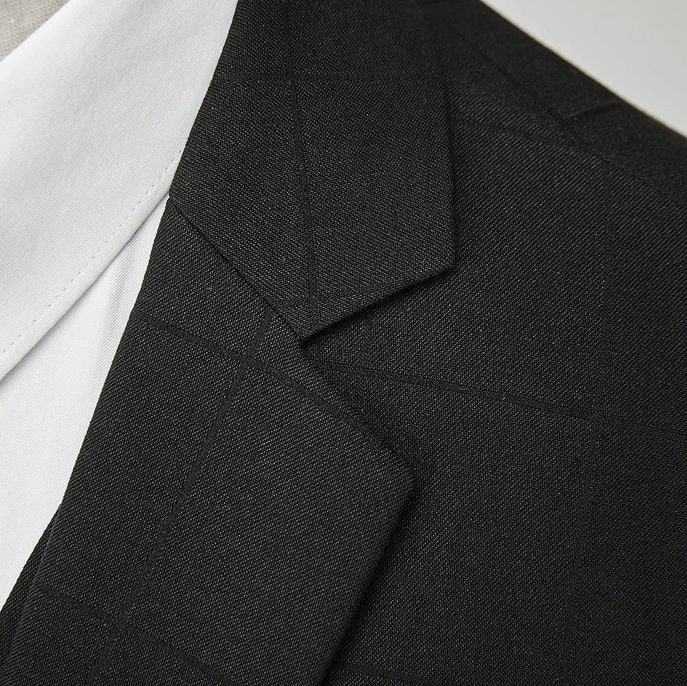 Men's navy blue three-piece slim fit suit with jacket, vest, and trousers on hanger
