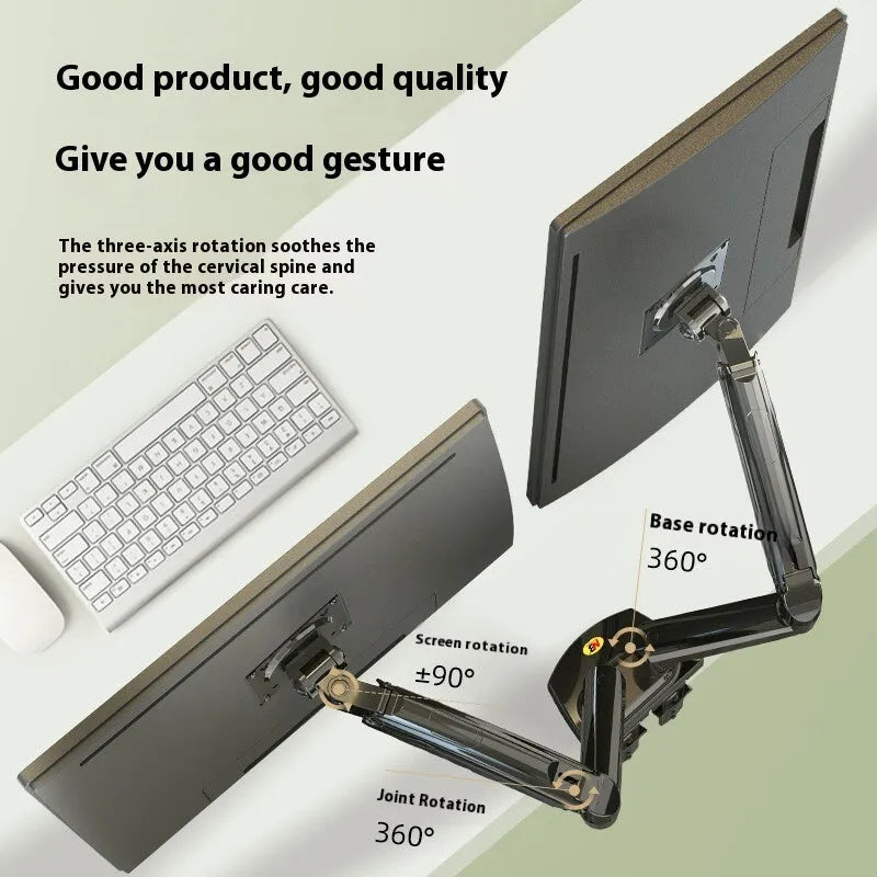 Black dual monitor desktop lifting rack holding two computer displays with mechanical height adjustment mechanism