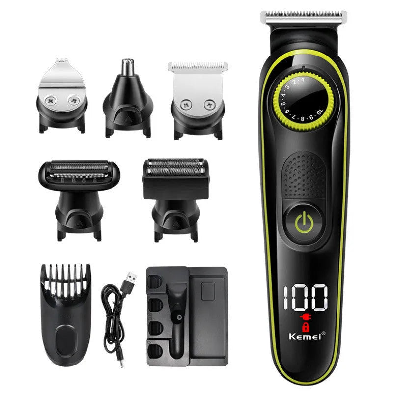 Black KM-696 rechargeable electric hair clipper kit with stainless steel blade and cleaning brush