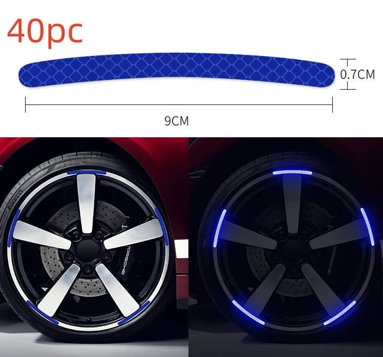 20-piece car wheel reflective stickers in arc shape with 11 colour options including fluorescent and luminous variants on wheel hub