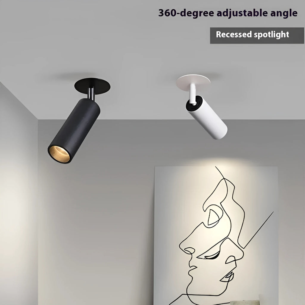 Black and white aluminium embedded cylinder track spotlight for recessed ceiling installation in 55-75mm hole.