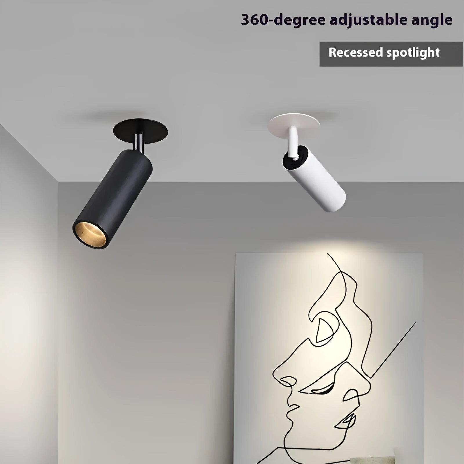 Black and white aluminium embedded cylinder track spotlight for recessed ceiling installation in 55-75mm hole.