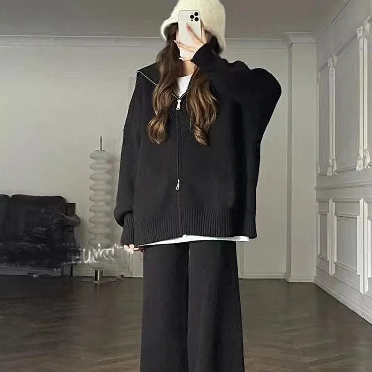 Knitted zipper cardigan and wide leg pants two-piece set in solid colour, made from polyester fabric for commute wear.