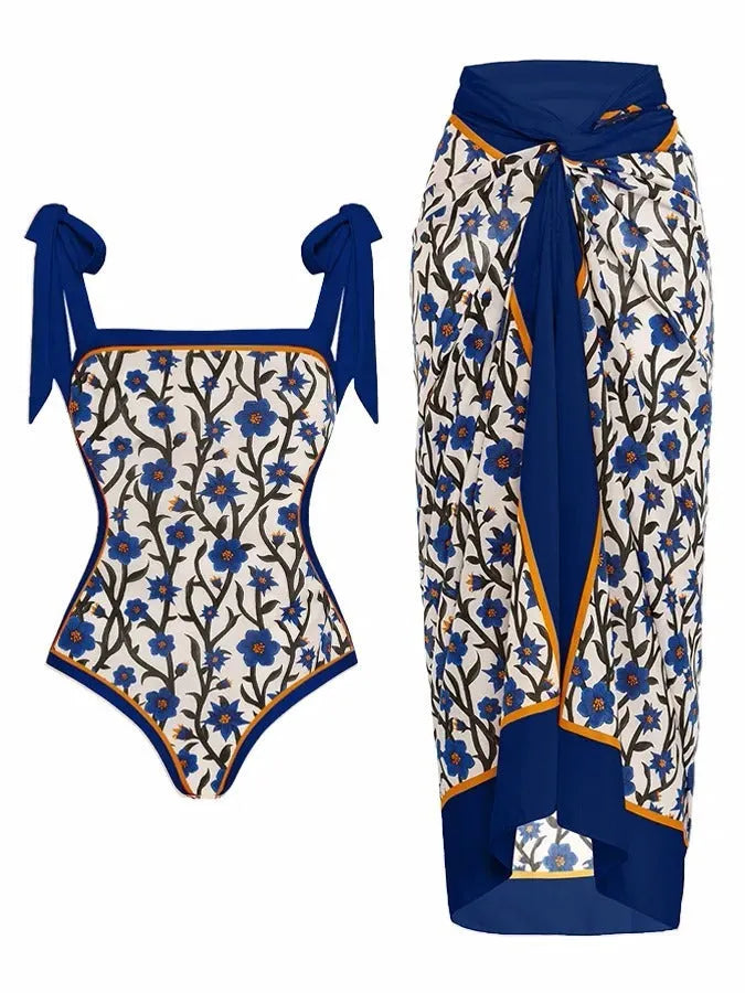 Women's printed chiffon swimsuit with matching hip skirt in floral pattern