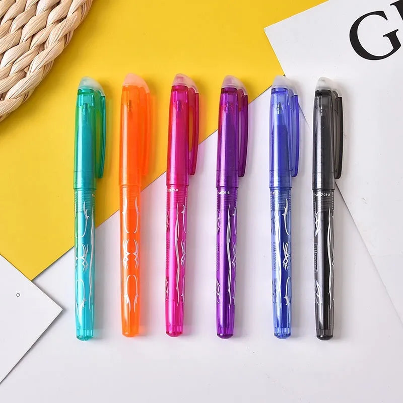 Hot erasable gel pen set with plastic shells and stainless steel nibs in 0.5mm or 0.7mm sizes, available in 12 or 8 colour packs