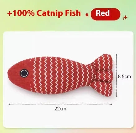 Blue and yellow fish-shaped cat toys in large and medium sizes on a plain background.