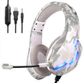Wired gaming headset with cloth earmuffs and braided cable in camouflage blue or white colour options