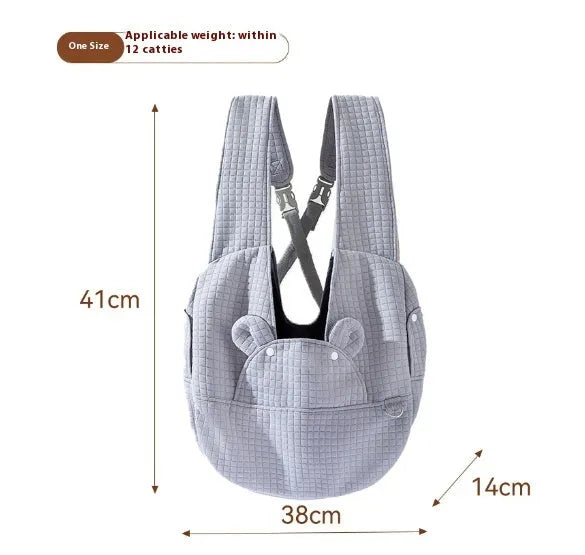 Grey quilted cross-chest pet diaper backpack for small dogs and cats, shown with dimensions.