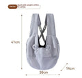 Grey quilted cross-chest pet diaper backpack for small dogs and cats, shown with dimensions.