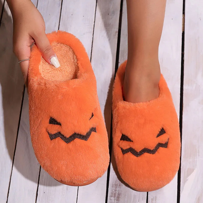 Orange pumpkin slippers with plush lining and non-slip PVC soles in UK sizes 36-43