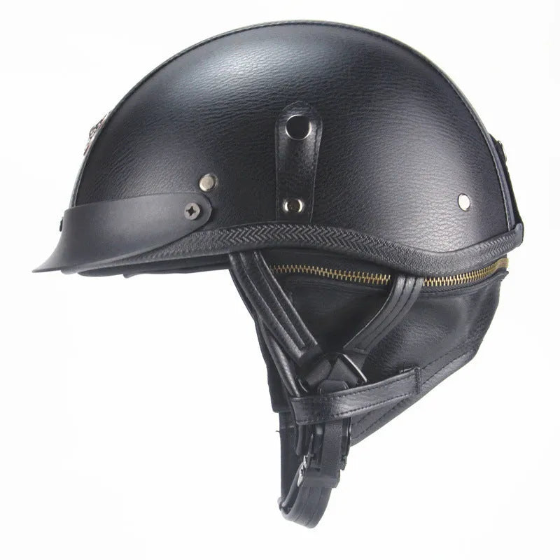 Retro half-pedal motorcycle helmet in ABS artificial leather, black and dark brown colour options