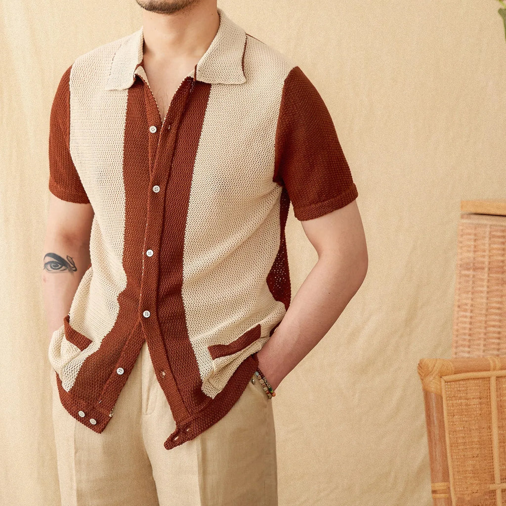Short-sleeved lapel cardigan top in cotton linen blend available in beige and chocolate colours