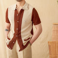 Short-sleeved lapel cardigan top in cotton linen blend available in beige and chocolate colours