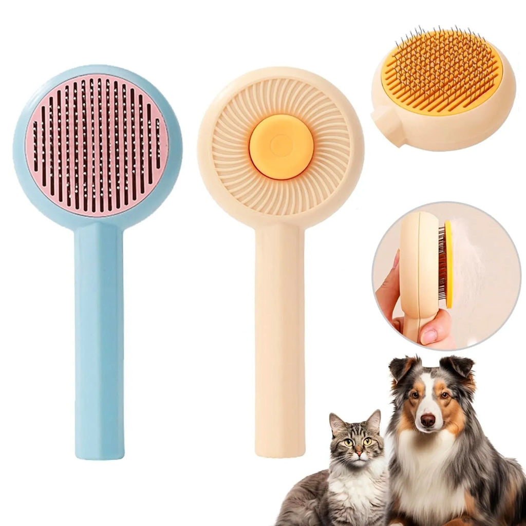 Blue and yellow cat grooming brush with self-cleaning button, measuring 170x80x45mm