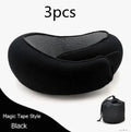 Navy blue U-shaped travel neck pillow with memory foam filling shown rolled and in its carry bag