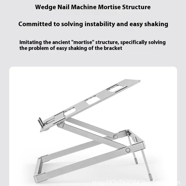 Aluminium alloy folding riser for notebooks, showing 18 mm height and compact 270 x 210 mm size