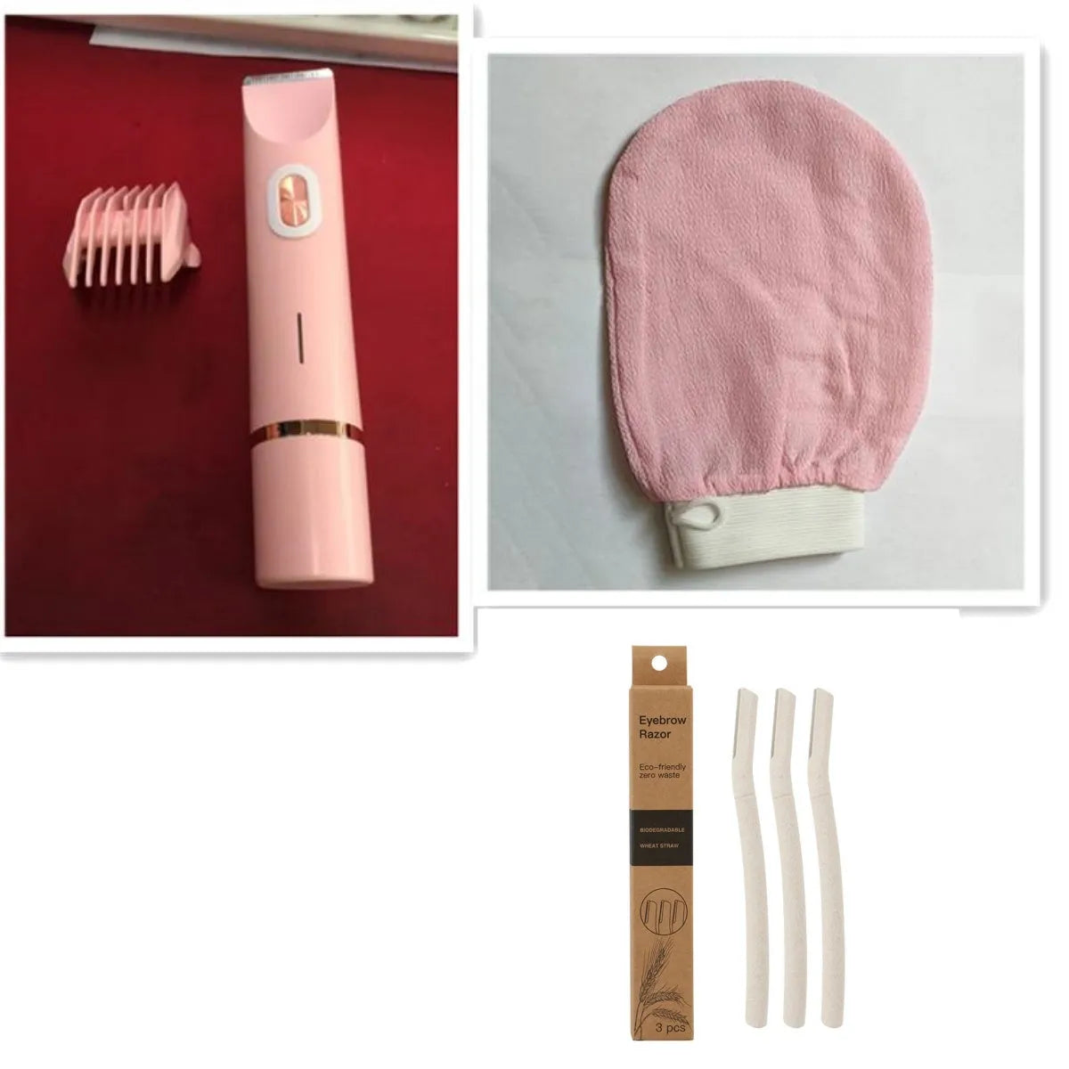 Pink women's electric razor and trimmer with two heads, USB cable, and brush on a white background.