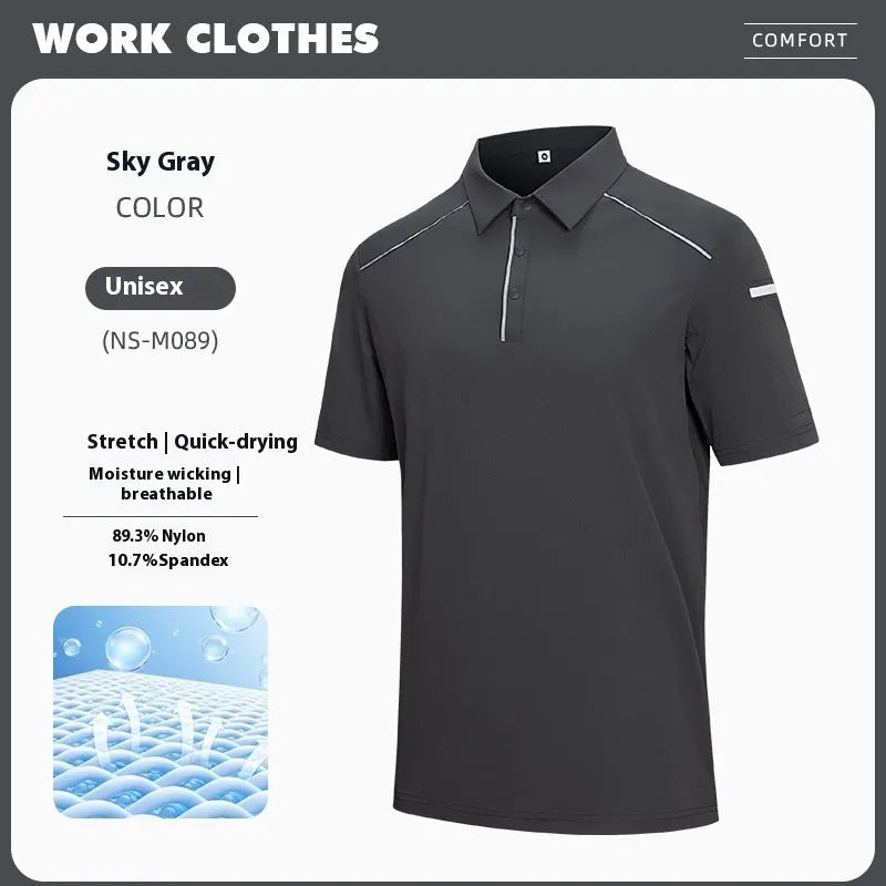 Men's solid colour short sleeve polo shirt in quick-dry nylon fabric for summer.