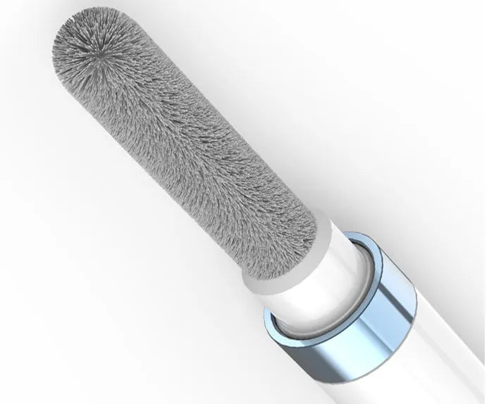 A blue headphone cleaning pen with a metal nib, brush, and sponge for cleaning electronics.