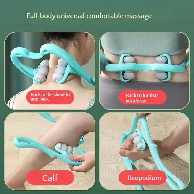 Blue handheld neck massager roller with acupressure nodes shown on a grey background.