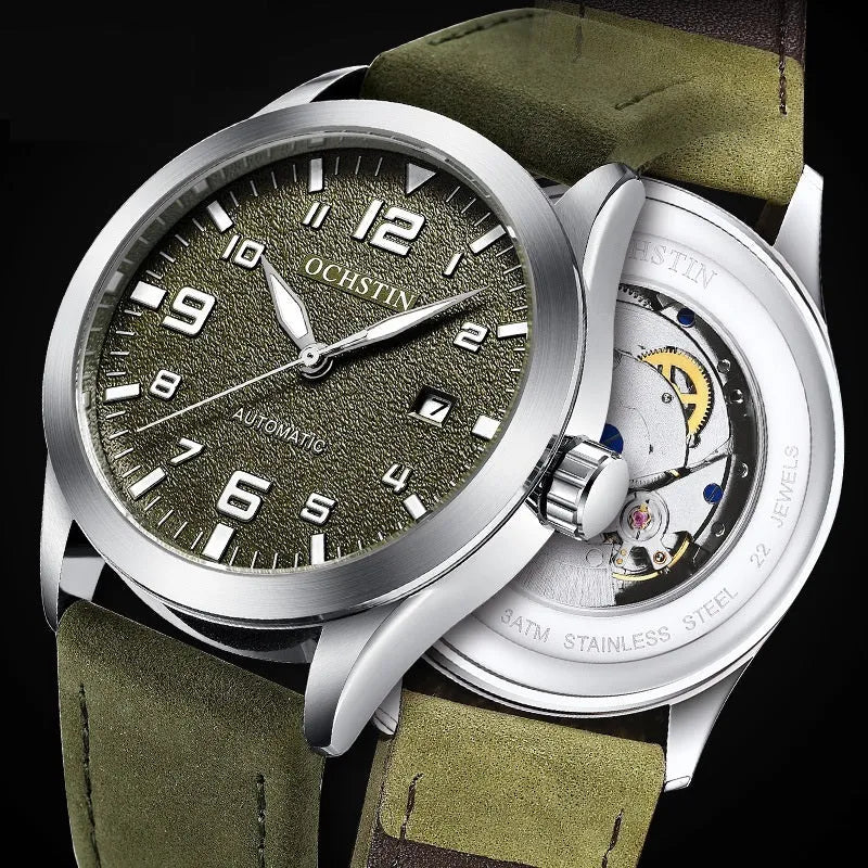 Casual business retro leather automatic mechanical watch showing 12mm thickness and colour options