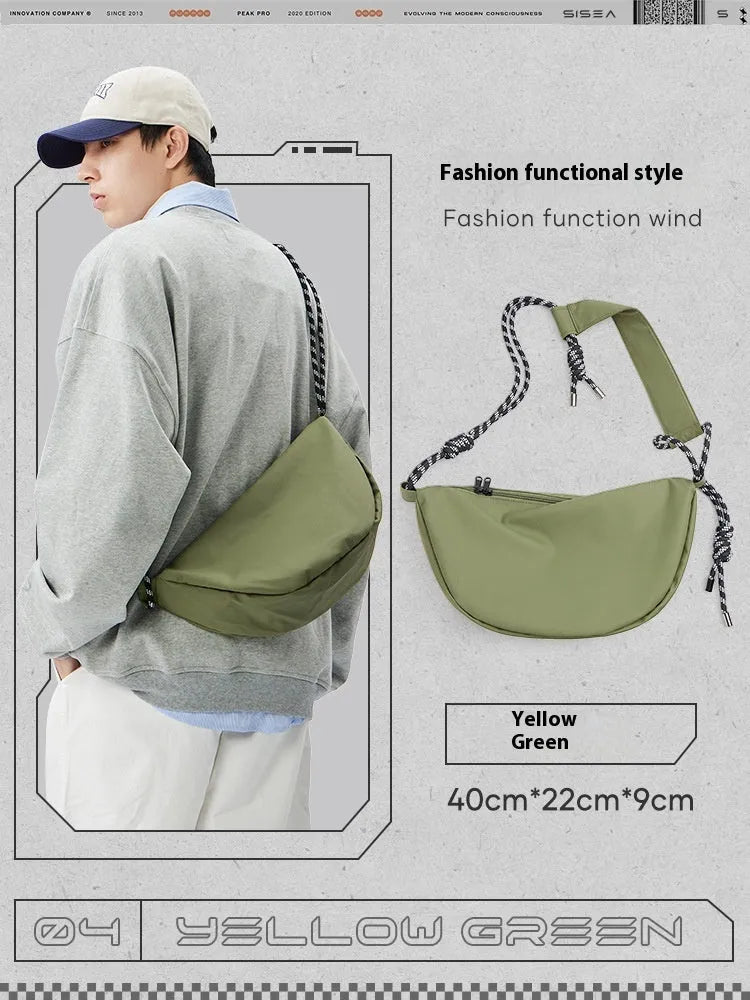 Men's lightweight nylon messenger bag in a solid colour, shown with a large main compartment.