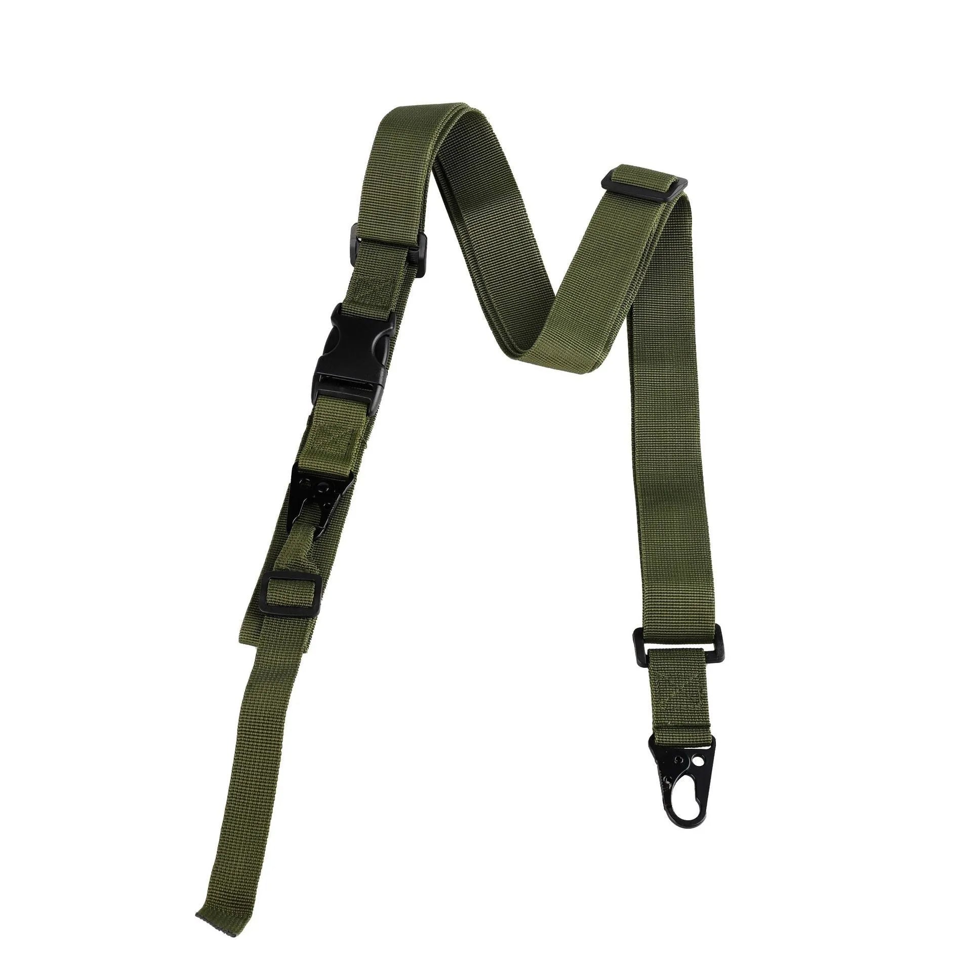 Adjustable crossbody nylon sling strap with alloy buckle in black, army green, or khaki colour.