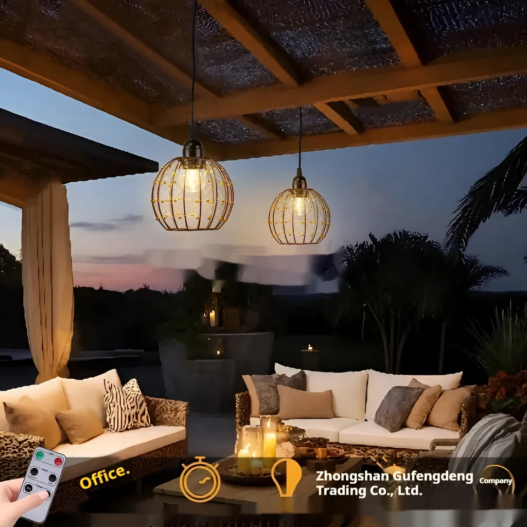 American style outdoor waterproof LED chandelier with iron construction and battery box.