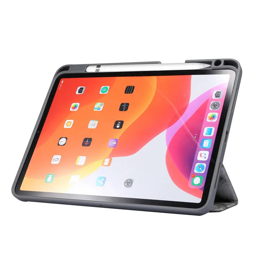 Tri-fold marbling iPad case in dark grey with integrated pen slot for Apple Pencil, showing shockproof imitation leather housing