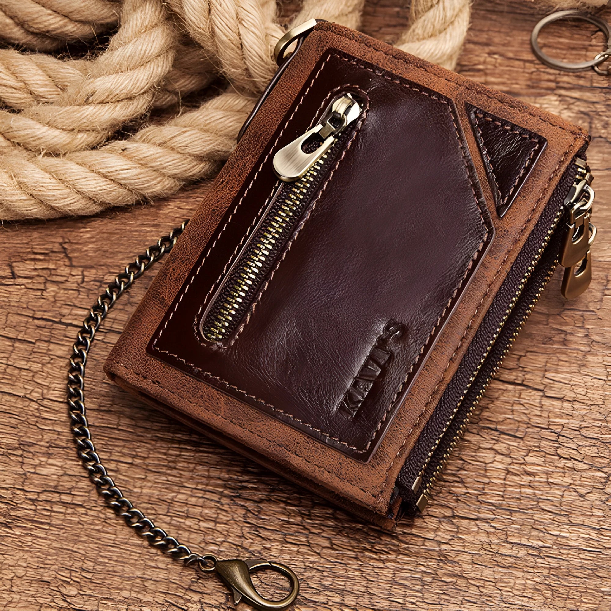 Dark brown men's leather wallet with security chain featuring RFID-blocking anti-theft technology