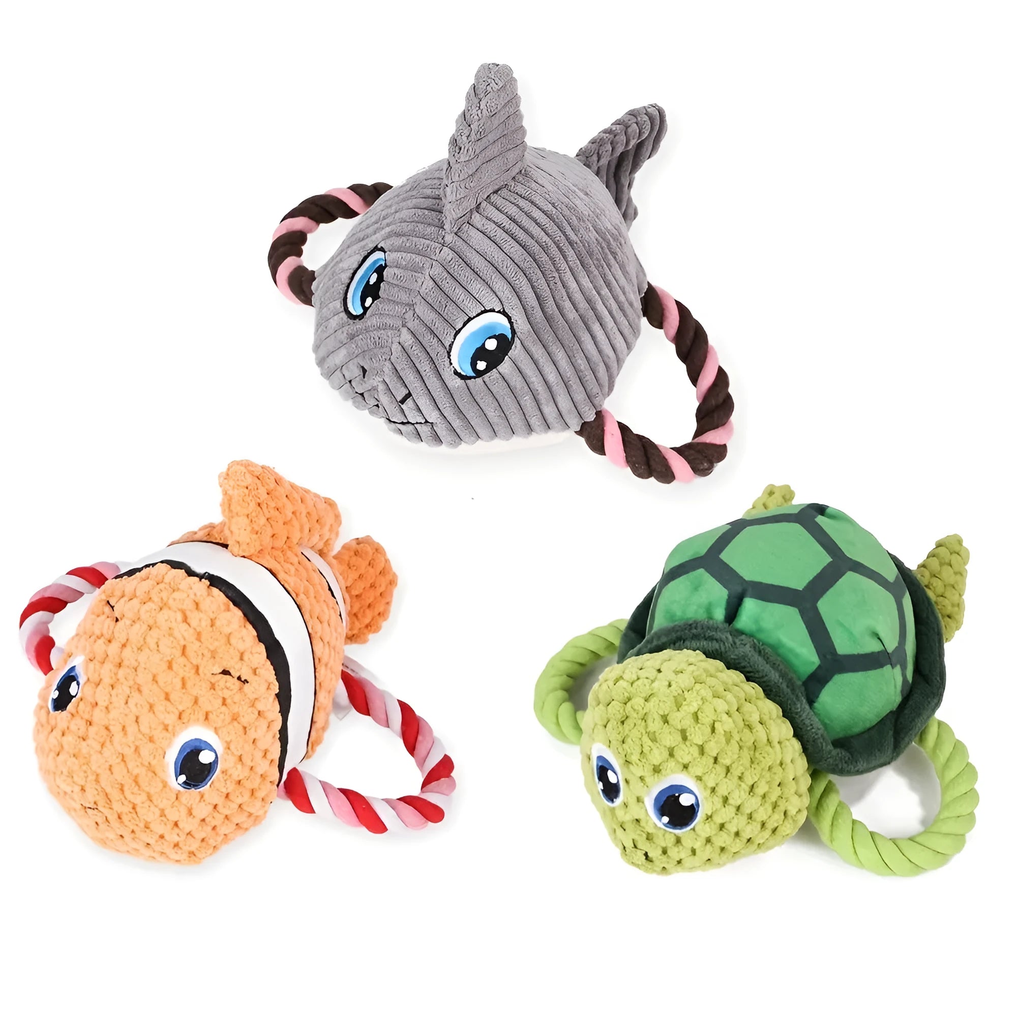Grey, green, and orange turtle-shaped plush dog chew toy with knotted body.