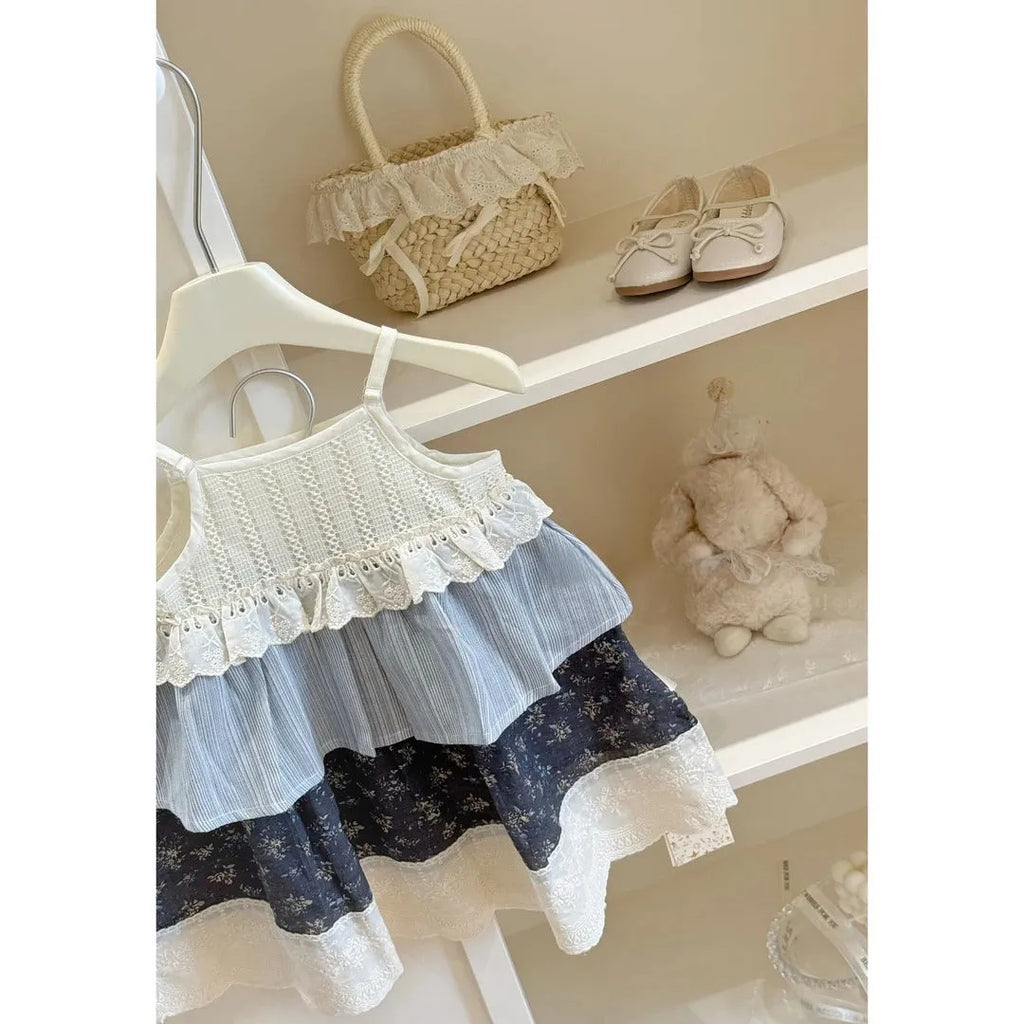 Girls' floral sling spliced princess dress, sleeveless cotton lined, floral skirt 7 385, 80-140cm heights
