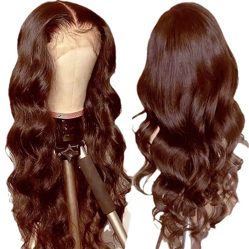 Women's front lace wig with long curly hair and side bangs in LY082 dark brown colour, showing lace front detail