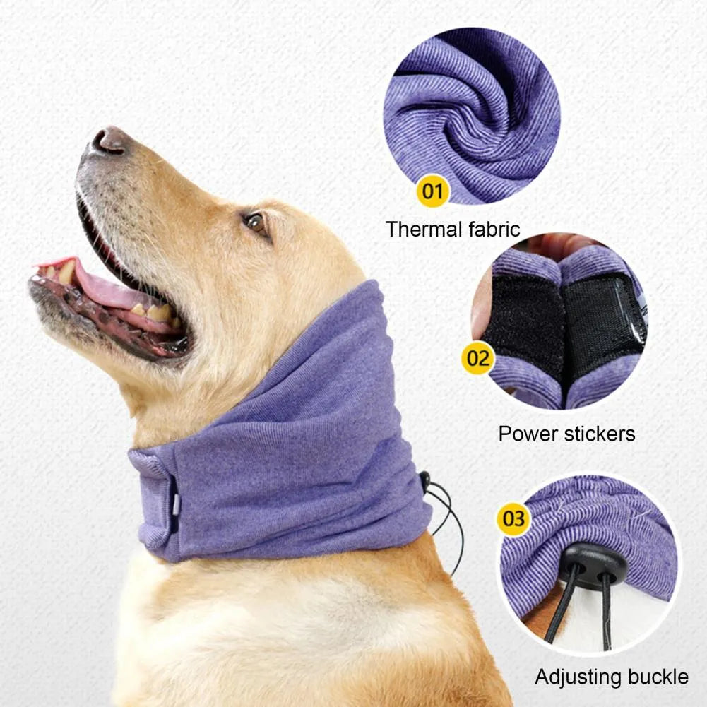 Dog wearing purple calming hoodie with ear muffs covering head and neck