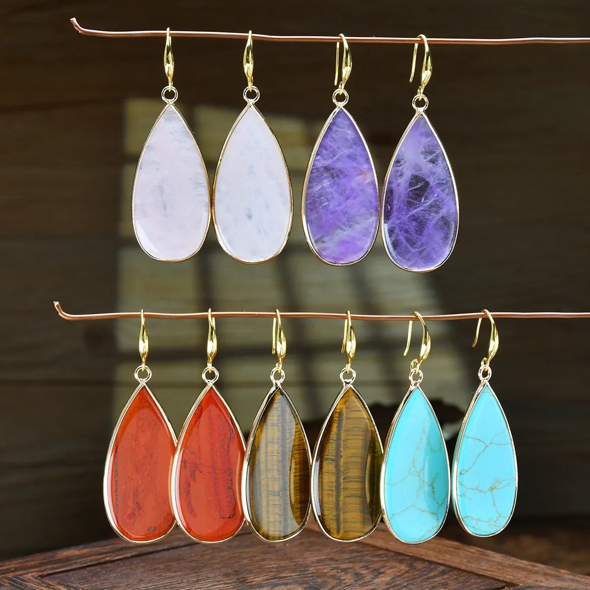 Vintage Tigereye long water drops earrings showing 5-7cm stone drop shape with manual texture processing